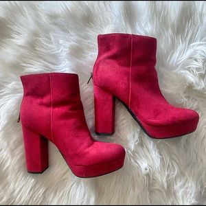 Red Chunky Platform Boots, Red Suede Zippered Women’s 8.5 Chunky Heel Booties